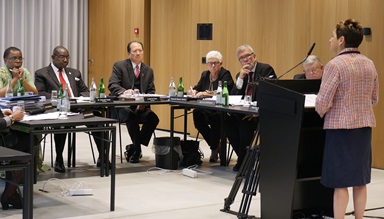Bishop Cynthia Fierro Harvey addresses the United Methodist Judicial Council meeting in Zurich. The council ruled Oct. 26 that the One Church Plan is largely constitutional but found problems with the Traditional Plan. Photo by Diane Degnan, UMCom. Bishop Cynthia Fierro Harvey addresses the United Methodist Judicial Council meeting in Zurich. The council ruled Oct. 26 that the One Church Plan is largely constitutional but found problems with the Traditional Plan. Photo by Diane Degnan, UMCom.