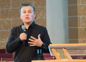 Tia E. Martinez, a consultant who is working on dismantling the school to prison pipeline, gives the first keynote address at the 2018 National Prison Summit held in Nashville, Tenn. Photo by Kathy L. Gilbert, UMNS.