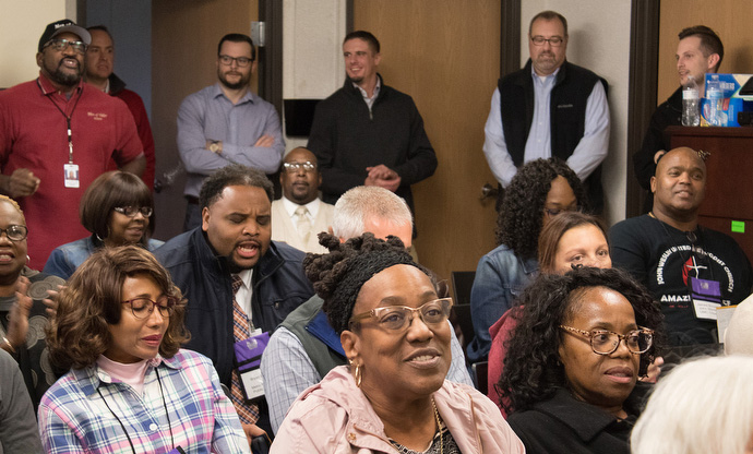 Participants at the 2018 National Prison Summit listen to staff of Men of Valor explain their mission to win men in prison to Jesus Christ and help them reenter society as men of integrity. The facility is located in Nashville, Tenn. Photo by Kathy L. Gilbert, UMNS.