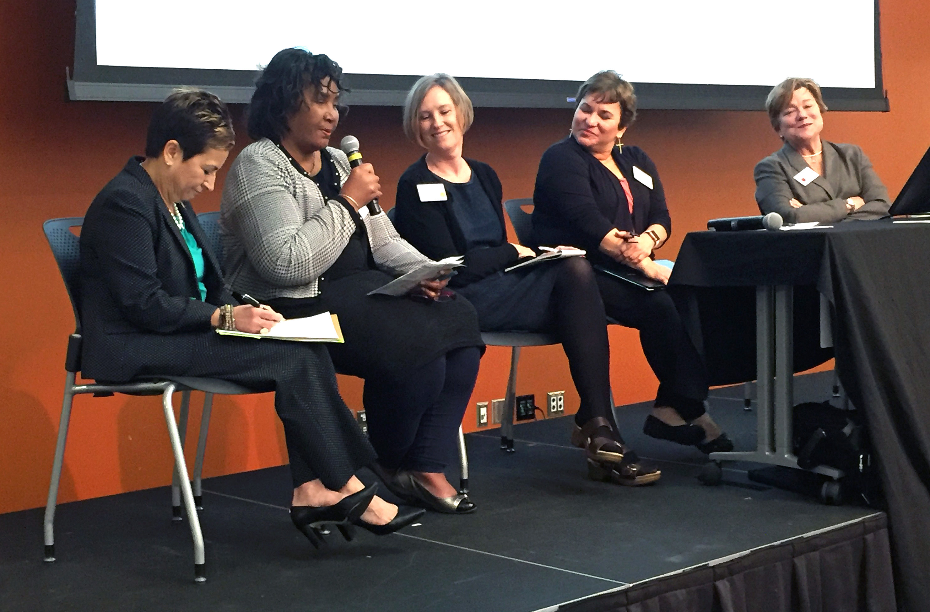 Panelists at the Nov. 2 Connectional Table meeting speak about the impact a divided church would have on fulfilling the church’s mission. Pictured from left are Bishop Cynthia Fierro Harvey, Benedita Penicela Nhambiu, the Revs. Beverly Jones, Lyssette N. Perez and Kim Cape. Photo by Heather Hahn, UMNS.