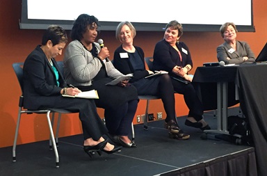 Panelists at the Nov. 2 Connectional Table meeting speak about the impact a divided church would have on fulfilling the church’s mission. Pictured from left are Bishop Cynthia Fierro Harvey, Benedita Penicela Nhambiu, the Revs. Beverly Jones, Lyssette N. Perez and Kim Cape. Photo by Heather Hahn, UMNS. Panelists at the Nov. 2 Connectional Table meeting speak about the impact a divided church would have on fulfilling the church’s mission. Pictured from left are Bishop Cynthia Fierro Harvey, Benedita Penicela Nhambiu, the Revs. Beverly Jones, Lyssette N. Perez and Kim Cape. Photo by Heather Hahn, UMNS.