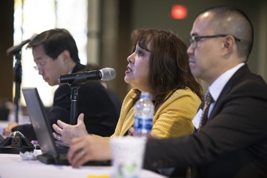 Bishop Minerva Carcaño asks a question during the board meeting of the General Council on Finance and Administration held at Providence United Methodist Church in Mount Juliet, Tenn. on Nov. 16, 2018. Pictured (from left) are Kenneth Ow, Carcaño, and the Rev. Anthony Tang. Photo by Kathleen Barry, UMNS. Bishop Minerva Carcaño asks a question during the board meeting of the General Council on Finance and Administration held at Providence United Methodist Church in Mount Juliet, Tenn. on Nov. 16, 2018. Pictured (from left) are Kenneth Ow, Carcaño, and the Rev. Anthony Tang. Photo by Kathleen Barry, UMNS.