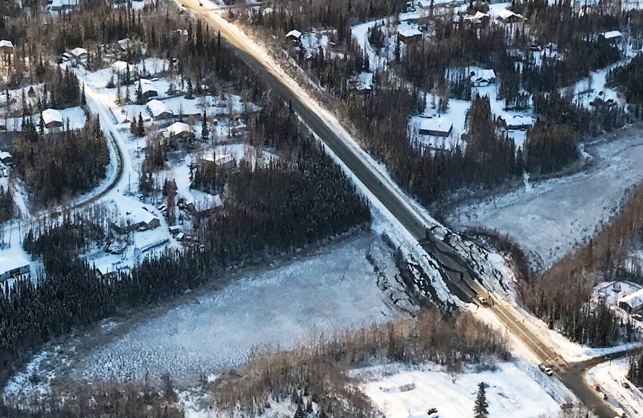 The Nov. 30 earthquake that hit south central Alaska damaged roads and buildings, and in some areas knocked out power and water for a time. No deaths were reported, only minor injuries, and strict building codes apparently prevented building collapses. Photo courtesy of Air National Guard/U.S. Army.