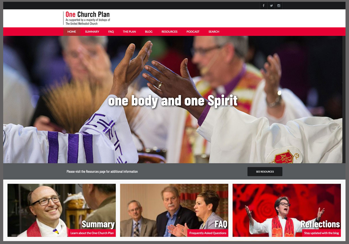 Bishops who support the One Church Plan debut a website with information on the proposal, which will be among other legislation submitted to the 2019 special General Conference. Image of home page courtesy of onechurchplan.org. 
