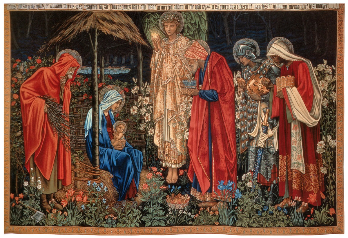 A tapeçaria Adoration of the Magi (Adoração dos Magos) que data de 1894 da Universidade Metropolitana de Manchester, Inglaterra. Imagem cortesia de Wikimedia Commons. A tapeçaria Adoration of the Magi (Adoração dos Magos) que data de 1894 da Universidade Metropolitana de Manchester, Inglaterra. Imagem cortesia de Wikimedia Commons.