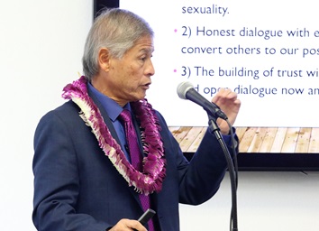 Bishop Grant Hagiya of Cal-Pacific Conference explains the three plans submitted by the Commission on Way Forward at the pacific islanders’ gathering at the School of Theology at Claremont, CA on Dec 10-11 to have a serious conversation on the “Hard Conversation on Human Sexuality and a Divided UMC.” Photo by Thomas Kim, UMNS. Bishop Grant Hagiya of Cal-Pacific Conference explains the three plans submitted by the Commission on Way Forward at the pacific islanders’ gathering at the School of Theology at Claremont, CA on Dec 10-11 to have a serious conversation on the “Hard Conversation on Human Sexuality and a Divided UMC.” Photo by Thomas Kim, UMNS.
