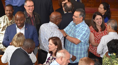 Members of the Commission on a Way Forward converse as they complete their final commission meeting on May 23, 2018, at the Upper Room chapel in Nashville, Tenn. Photo courtesy of Maidstone Mulenga, Council of Bishops.  Members of the Commission on a Way Forward converse as they complete their final commission meeting on May 23, 2018, at the Upper Room chapel in Nashville, Tenn. Photo courtesy of Maidstone Mulenga, Council of Bishops.