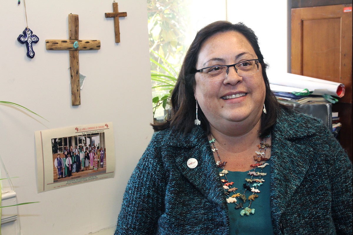 The Rev. Cynthia Abrams, a United Methodist clergywoman and social justice advocate, is pictured in her office at the Board of Church and Society in 2012. Abrams died Jan. 11 at the age of 58. File photo by Kathleen Barry, UMNS. The Rev. Cynthia Abrams, a United Methodist clergywoman and social justice advocate, is pictured in her office at the Board of Church and Society in 2012. Abrams died Jan. 11 at the age of 58. File photo by Kathleen Barry, UMNS.