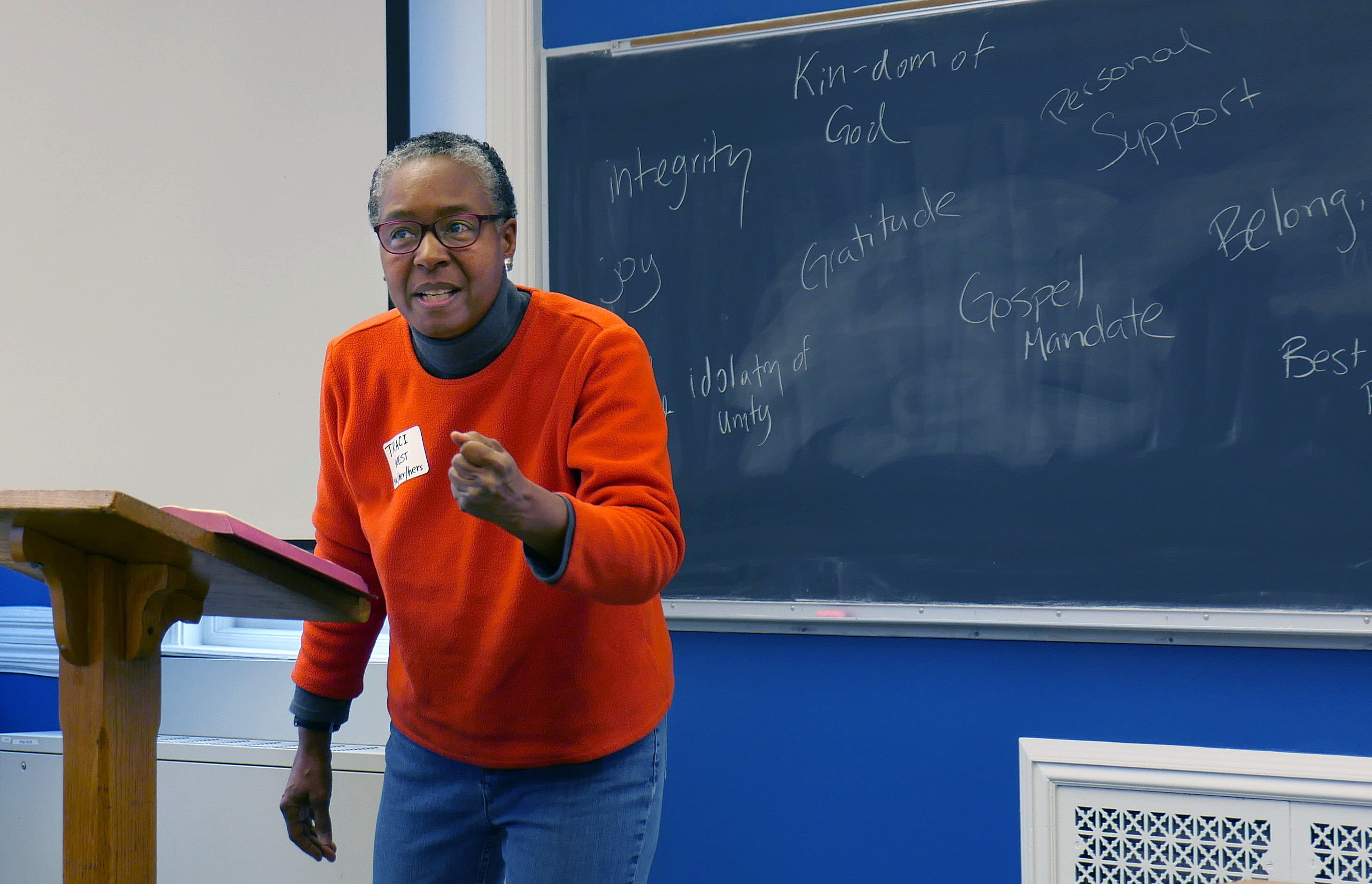 The Rev. Traci C. West speaks about why the Simple Plan matters during a meeting hosted by Drew University Theological School in Madison, N.J. West is a professor of ethics and African-American studies at Drew. Photo by Heather Hahn, UMNS.