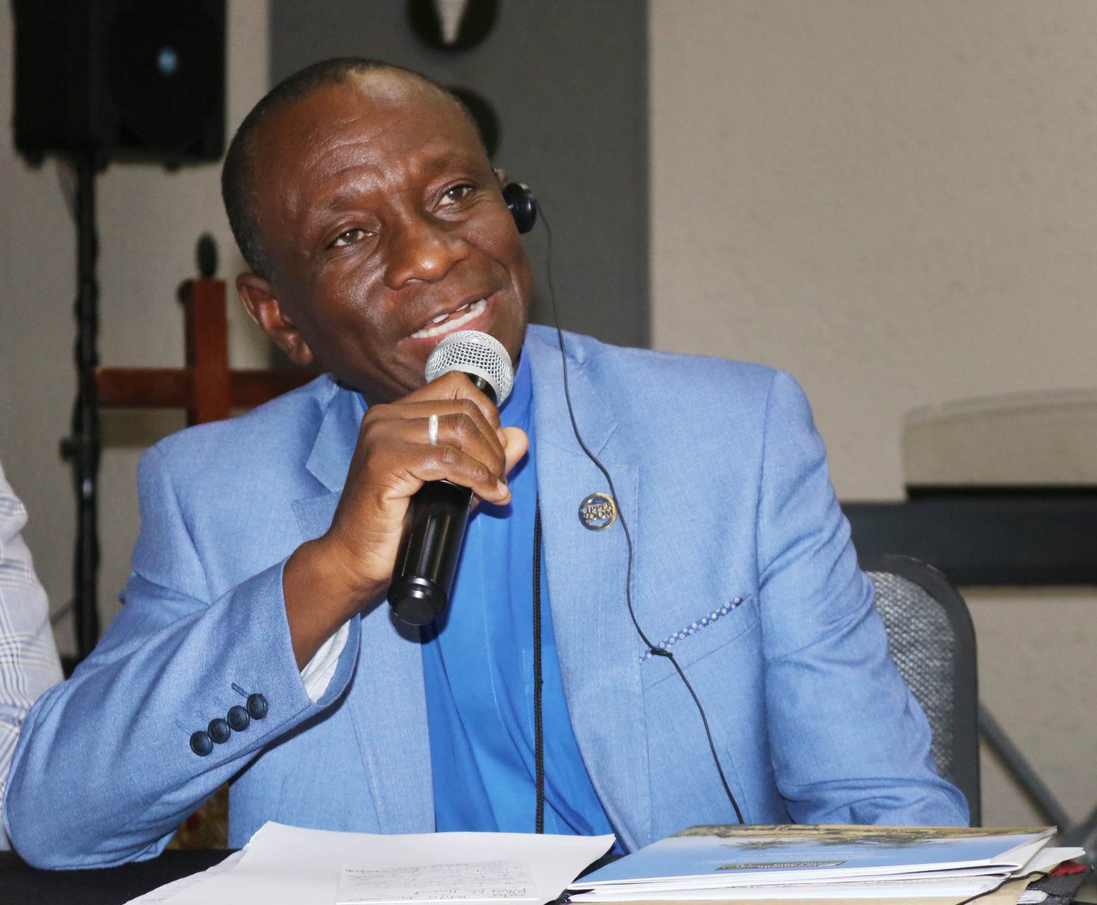 The Rev. Alan Masimba Gurupira, Zimbabwe Episcopal Area, talks about The United Methodist Church’s plans for existing land in Africa during an agricultural summit held Jan. 13-16 in Johannesburg. Photo by Eveline Chikwanah.