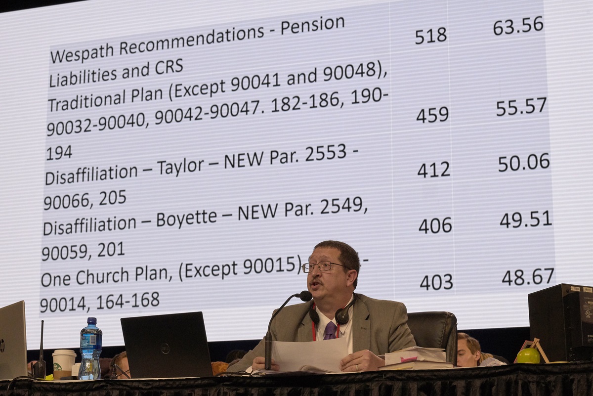 The Rev. Gary Graves reads the results of a Feb. 24, 2019, poll of legislative priorities among delegates to the Special Session of the General Conference of The United Methodist Church, held in St. Louis, Missouri. The conference was called to help the denomination find a way toward unity, despite deep conflicts over sexuality. The initial voting shows a preference for dealing first with pension and then with the Traditional Plan petition that would strengthen enforcement of church policies against LGBTQ individuals serving as clergy or being married in UM churches. Graves is secretary of the general conference. Photo by Paul Jeffrey, UMNS.