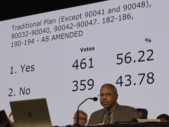 As the Rev. Joe Harris presides over the legislative committee, the results of a vote approving the Traditional Plan as amended by 461-359 are displayed. The vote must still be approved by the plenary session on Feb. 26, the final day of the special session of the 2019 General Conference of The United Methodist Church in St. Louis. Photo by Paul Jeffrey, UMNS. As the Rev. Joe Harris presides over the legislative committee, the results of a vote approving the Traditional Plan as amended by 461-359 are displayed. The vote must still be approved by the plenary session on Feb. 26, the final day of the special session of the 2019 General Conference of The United Methodist Church in St. Louis. Photo by Paul Jeffrey, UMNS.