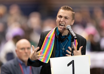 Jeffrey "J.J." Warren of the Upper New York Conference speaks in favor of full inclusion for LGBTQ persons in the life of The United Methodist Church during the 2019 United Methodist General Conference in St. Louis on Feb. 25. He received an emotional response from delegates and observers. The special conference was called in an attempt to help the denomination deal with its longstanding differences over sexuality. Photo by Mike DuBose, UMNS. Jeffrey "J.J." Warren of the Upper New York Conference speaks in favor of full inclusion for LGBTQ persons in the life of The United Methodist Church during the 2019 United Methodist General Conference in St. Louis on Feb. 25. He received an emotional response from delegates and observers. The special conference was called in an attempt to help the denomination deal with its longstanding differences over sexuality. Photo by Mike DuBose, UMNS.