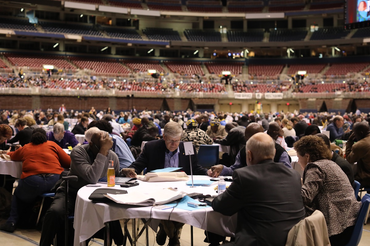 Delegates pause for prayer during the Feb. 23 Day of Prayer and Preparation at the 2019 Special Session of the United Methodist General Conference in St. Louis. Photo by Kathleen Barry, UMNS. Delegates pause for prayer during the Feb. 23 Day of Prayer and Preparation at the 2019 Special Session of the United Methodist General Conference in St. Louis. Photo by Kathleen Barry, UMNS.