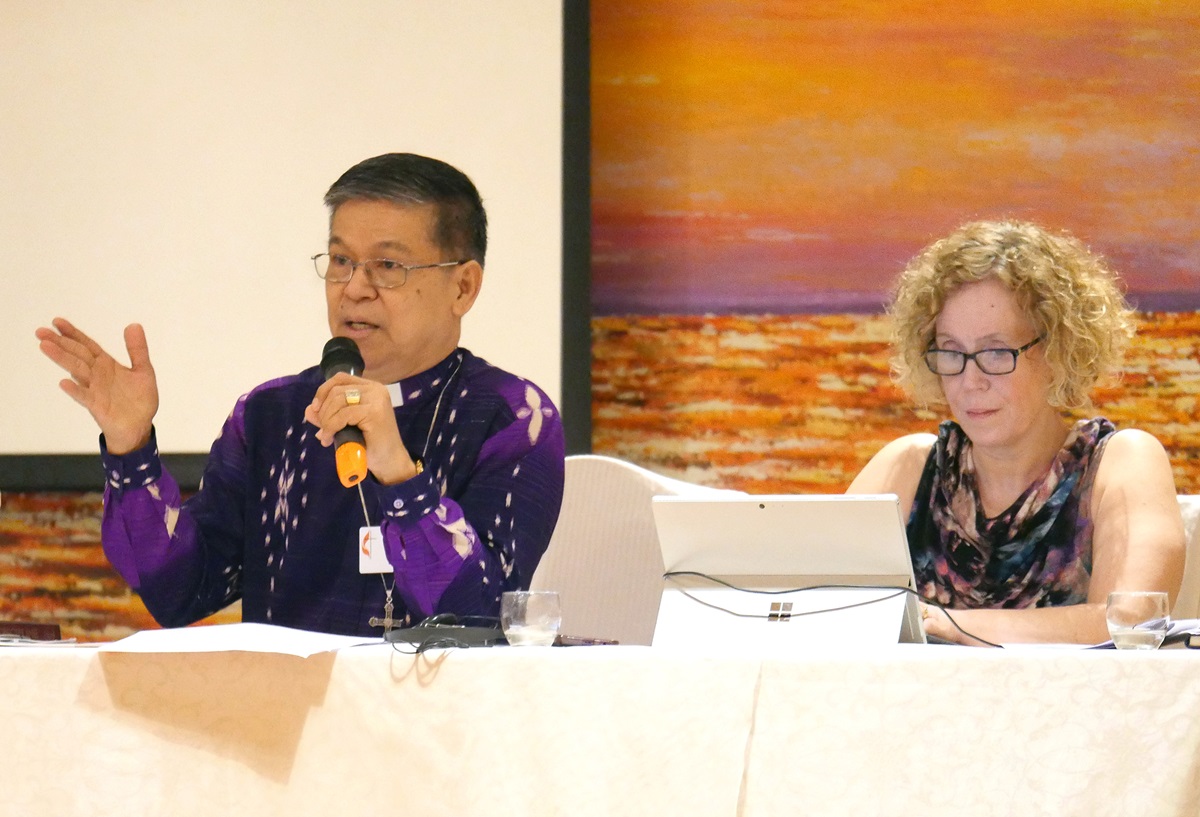Manila Area Bishop Ciriaco Q. Francisco (left) presides at a meeting of the Standing Committee on Central Conference Matters in Manila, Philippines. At right is the Rev. Deanna Stickley-Miner, the committee’s secretary. Photo by Heather Hahn, UMNS. Manila Area Bishop Ciriaco Q. Francisco (left) presides at a meeting of the Standing Committee on Central Conference Matters in Manila, Philippines. At right is the Rev. Deanna Stickley-Miner, the committee’s secretary. Photo by Heather Hahn, UMNS.