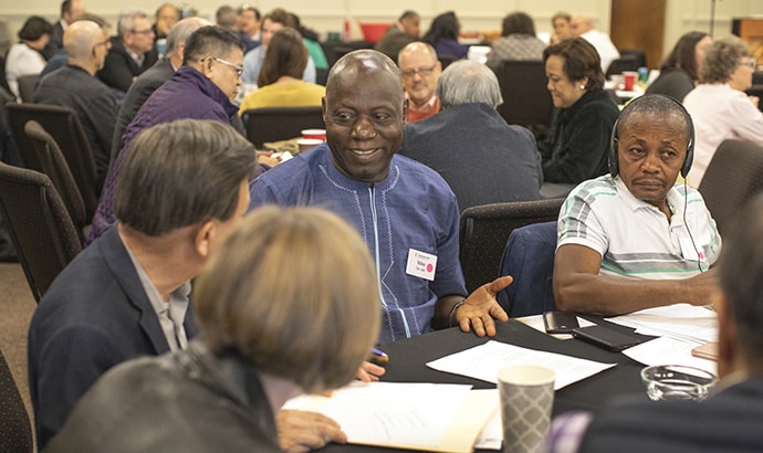 Mike Dio Jen, West Africa Central Conference, shares conversation about stewardship of resources during the Connectional Table meeting held at Discipleship Ministries in Nashville, Tenn., April 3. Photo by Kathleen Barry, UMNS.