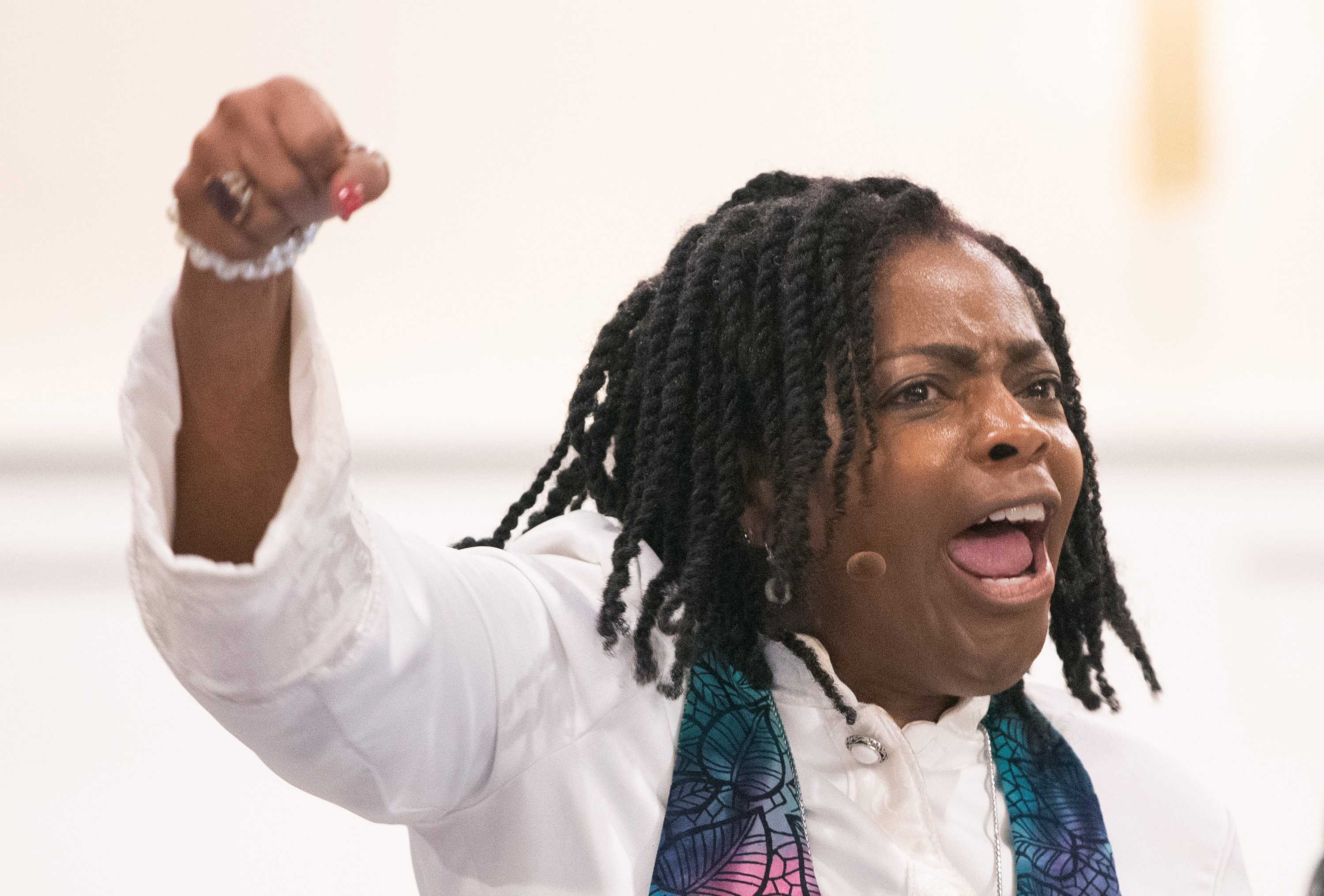 Bishop Cynthia Moore-Koikoi urges members and guests of Black Methodists for Church Renewal to "stay woke" during her sermon at Ben Hill United Methodist Church in Atlanta. "Stay woke" is a call to be aware of racial and social justice issues and is closely associated with the Black Lives Matter movement. 