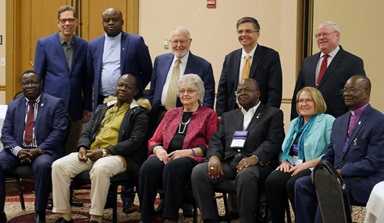 Leaders of the Reform and Renewal Coalition, a group of unofficial traditionalist advocacy groups, pose with bishops from Africa and Europe, after a closed-door meeting in which the leaders and central conference bishops discussed the denomination’s situation and possible future. Photo by Heather Hahn, UMNS. Leaders of the Reform and Renewal Coalition, a group of unofficial traditionalist advocacy groups, pose with bishops from Africa and Europe, after a closed-door meeting in which the leaders and central conference bishops discussed the denomination’s situation and possible future. Photo by Heather Hahn, UMNS.