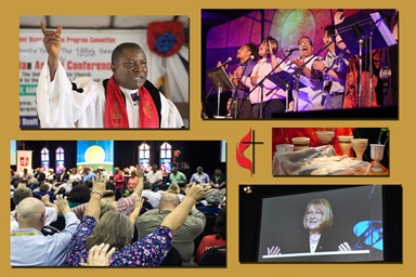 No sentido horário a partir do canto superior esquerdo: Bispo Samuel J. Quire Jr., Conferência Anual da Libéria de 2018, foto de E Julu Swen; Equipe de louvor na Conferência Anual Califórnia-Nevada de 2015, foto de Koua Vang; Cálices e pão na Conferência Anual Dakotas de 2015, foto cortesia da conferência; Bispo Rosemarie Wenner, Conferência Anual Sul da Alemanha 2015, foto de Klaus Ulrich Ruof; participantes da Conferência Anual de Kentucky 2017, foto por Kathleen Barry.