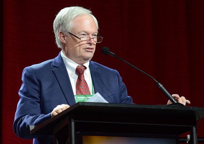 David Stotts speaks during the 2019 Mississippi Annual Conference meeting in Jackson. Stotts is treasurer and director of finance and administration for the conference. Photo courtesy of Greg Campbell Photography Inc.