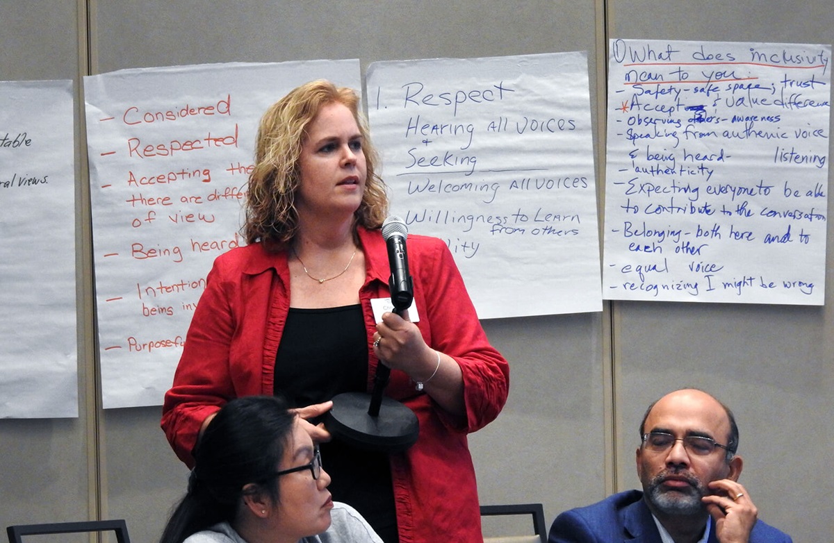 Christine Dodson asks a question at the General Council on Finance and Administration board meeting on July 18 in Dallas. Dodson serves as vice president of GCFA’s board and is treasurer of the North Carolina Conference. She and fellow board members discussed reduced giving across the church since General Conference 2019, a contentious event that underscored the church’s divisions over how accepting to be of homosexuality. Photo by Sam Hodges, UM News. Christine Dodson asks a question at the General Council on Finance and Administration board meeting on July 18 in Dallas. Dodson serves as vice president of GCFA’s board and is treasurer of the North Carolina Conference. She and fellow board members discussed reduced giving across the church since General Conference 2019, a contentious event that underscored the church’s divisions over how accepting to be of homosexuality. Photo by Sam Hodges, UM News.