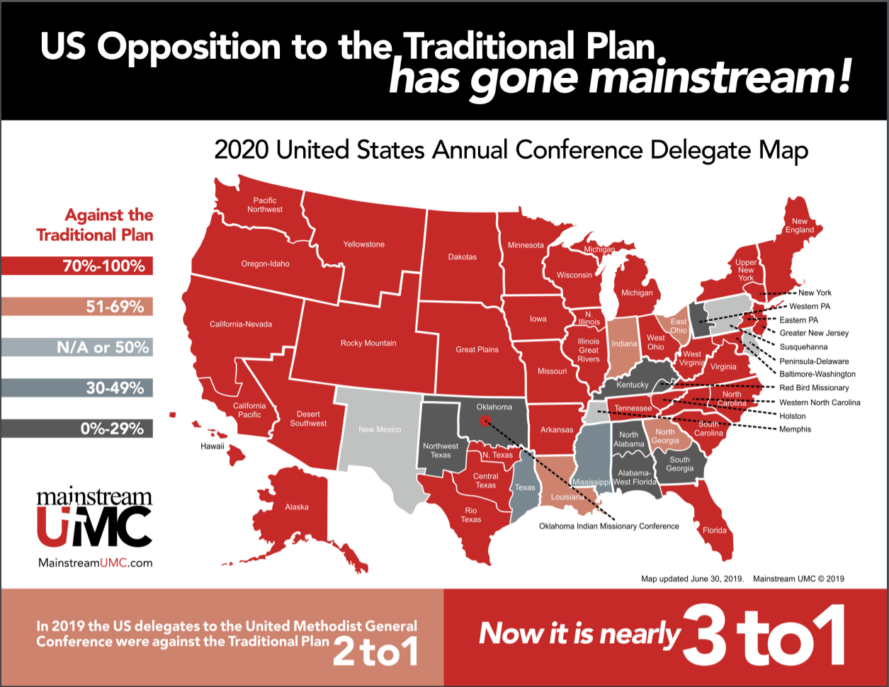 MainstreamUMC가 작성한 성향별 연회별 2020년 총회 대의원 지도. 그래픽 제공, MainstreamUMC.