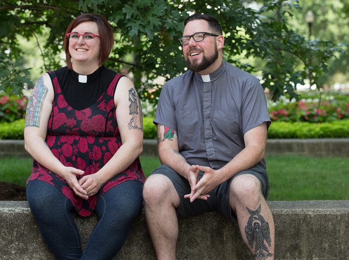 The Revs. Cindy Briggs-Biondi (left) and Darick Biondi discuss their involvement in the annual Day of Overdose Awareness Tribute, held at the West Virginia State Capitol in Charleston. “The idea was that anybody who was coming could bring a pair of shoes — whether they belonged to a loved one who died from overdose or just representing their loved one — and lay them out on the steps as a visual of how many have been lost,” she said. Photo by Mike DuBose, UM News.