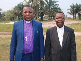 Bishop Daniel Lunge Onashuyaka from the United Methodist Congo Central Conference and Bishop Nicolas Djomo Lola from the Roman Catholic Diocese of Tshumbe, Congo. Photo by Francois Omanyondo, UM News.
