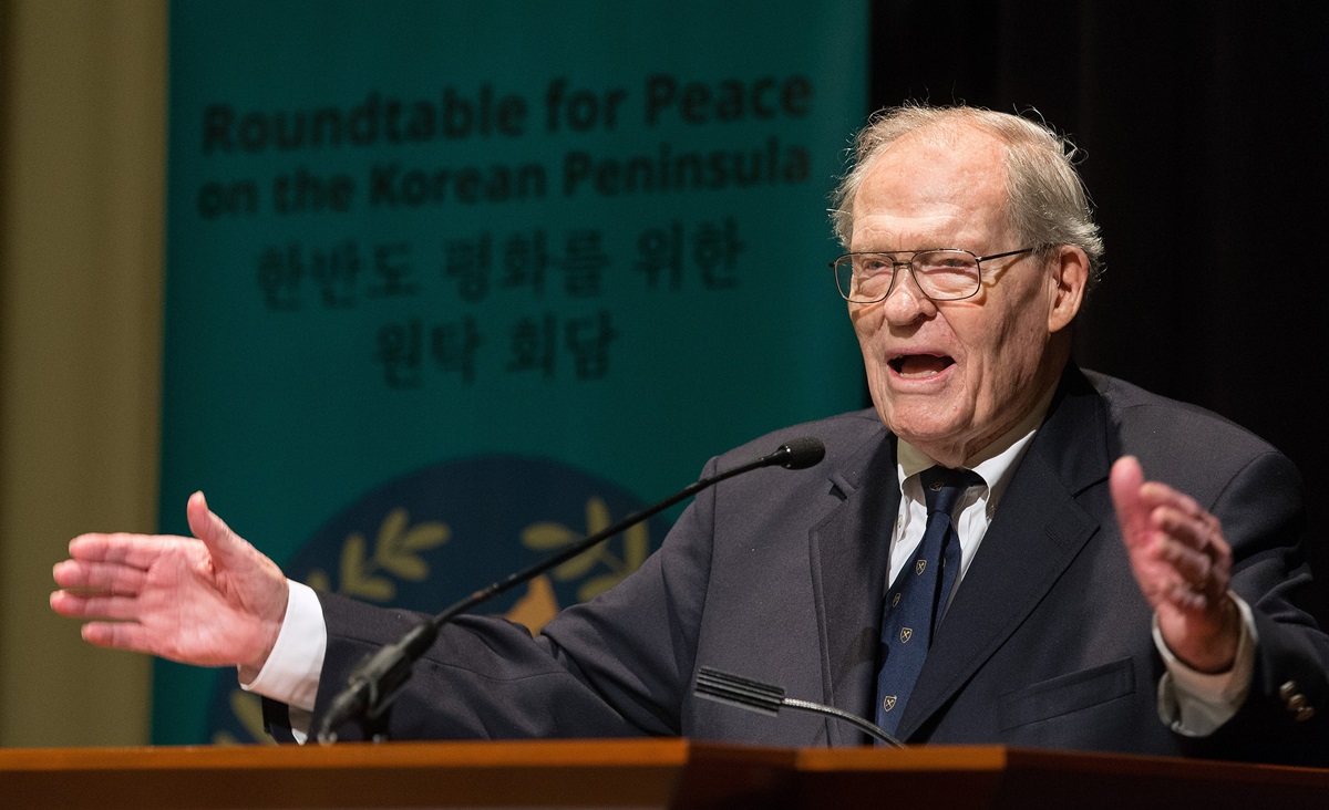 The Rev. James T. Laney, recipient of the 2019 World Methodist Peace Award, speaks during the Roundtable for Peace on the Korean Peninsula in Atlanta in this 2018 file photo.  Laney is former U.S. Ambassador to South Korea and former dean of the Candler School of Theology. File photo by Mike DuBose, UM News.  The Rev. James T. Laney, recipient of the 2019 World Methodist Peace Award, speaks during the Roundtable for Peace on the Korean Peninsula in Atlanta in this 2018 file photo.  Laney is former U.S. Ambassador to South Korea and former dean of the Candler School of Theology. File photo by Mike DuBose, UM News.