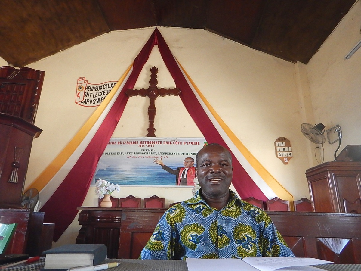 Lay pastor Raphaël Aboua serves Ebenezer Beago United Methodist Church in Abidjan and 10 other United Methodist Churches in Côte d’Ivoire. Photo by Isaac Broune, UMNS. Lay pastor Raphaël Aboua serves Ebenezer Beago United Methodist Church in Abidjan and 10 other United Methodist Churches in Côte d’Ivoire. Photo by Isaac Broune, UMNS.