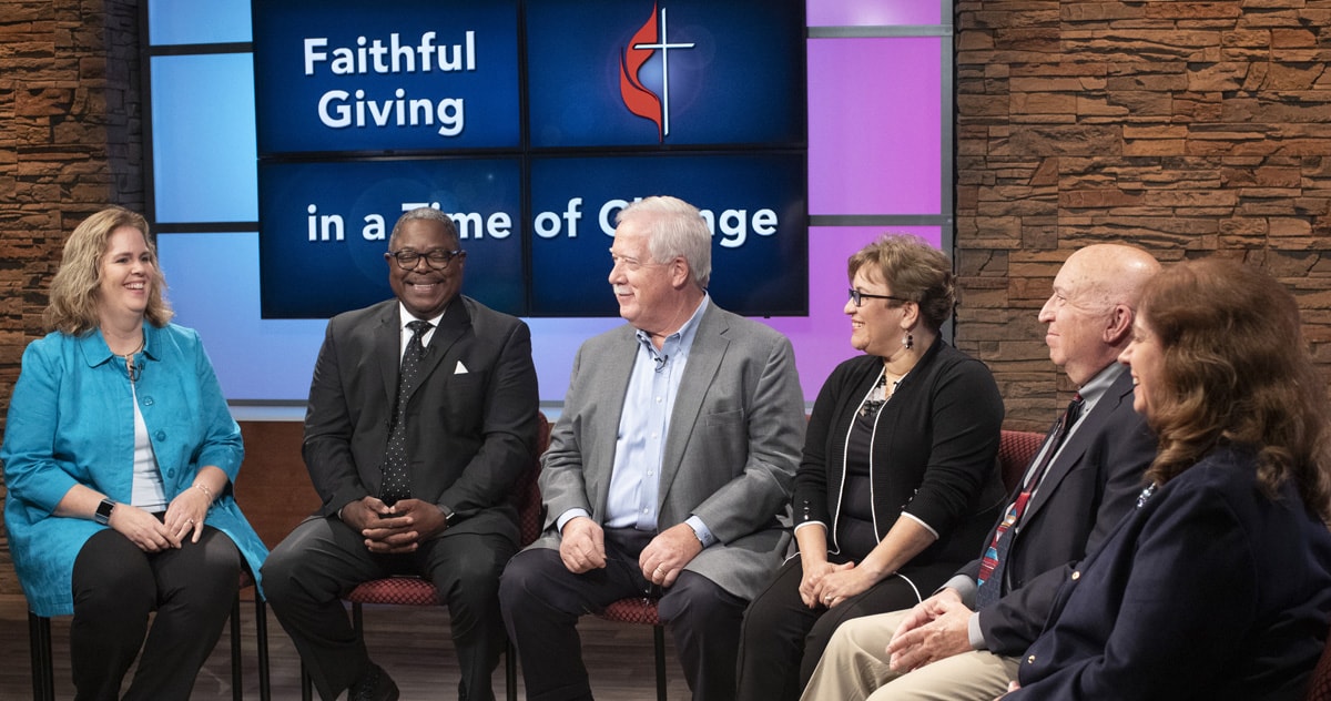 “Faithful Giving in a Time of Change,” a roundtable discussion of connectional giving in The United Methodist Church, is a video resource designed for local congregations to help explain the role of giving in the church. Panelists were (from left) Christine Dodson, the Rev. Reginald Clemons, John Pearce, the Rev. Lyssette Perez, the Rev. Dennis Shaw and panel moderator Vicki Brown. Photo by Kathleen Barry, UM News. “Faithful Giving in a Time of Change,” a roundtable discussion of connectional giving in The United Methodist Church, is a video resource designed for local congregations to help explain the role of giving in the church. Panelists were (from left) Christine Dodson, the Rev. Reginald Clemons, John Pearce, the Rev. Lyssette Perez, the Rev. Dennis Shaw and panel moderator Vicki Brown. Photo by Kathleen Barry, UM News.