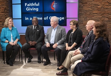 “Faithful Giving in a Time of Change,” a roundtable discussion of connectional giving in The United Methodist Church, is a video resource designed for local congregations to help explain the role of giving in the church. Panelists were (from left) Christine Dodson, the Rev. Reginald Clemons, John Pearce, the Rev. Lyssette Perez, the Rev. Dennis Shaw and panel moderator Vicki Brown. Photo by Kathleen Barry, UM News. “Faithful Giving in a Time of Change,” a roundtable discussion of connectional giving in The United Methodist Church, is a video resource designed for local congregations to help explain the role of giving in the church. Panelists were (from left) Christine Dodson, the Rev. Reginald Clemons, John Pearce, the Rev. Lyssette Perez, the Rev. Dennis Shaw and panel moderator Vicki Brown. Photo by Kathleen Barry, UM News.