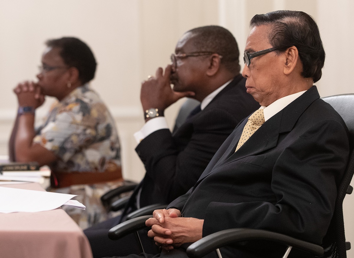 Members of the United Methodist Judicial Council listen during an oral hearing at their meeting in Evanston, Ill. From left are: the Rev. J. Kabamba Kiboko, N. Oswald Tweh Sr. and Ruben T. Reyes. Photo by Mike DuBose, UM News. Members of the United Methodist Judicial Council listen during an oral hearing at their meeting in Evanston, Ill. From left are: the Rev. J. Kabamba Kiboko, N. Oswald Tweh Sr. and Ruben T. Reyes. Photo by Mike DuBose, UM News.