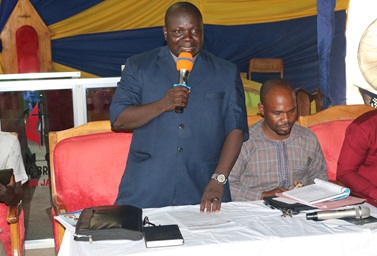 The Rev. Yuyuba B. Yoila, Southern Nigeria Conference administrative assistant to Bishop John Wesley Yohanna, speaks about apportionment giving during a special called session of the Nigeria Episcopal Area in Jalingo, Nigeria. Photo by Sharon Adamu Bambuka, UM News. The Rev. Yuyuba B. Yoila, Southern Nigeria Conference administrative assistant to Bishop John Wesley Yohanna, speaks about apportionment giving during a special called session of the Nigeria Episcopal Area in Jalingo, Nigeria. Photo by Sharon Adamu Bambuka, UM News.