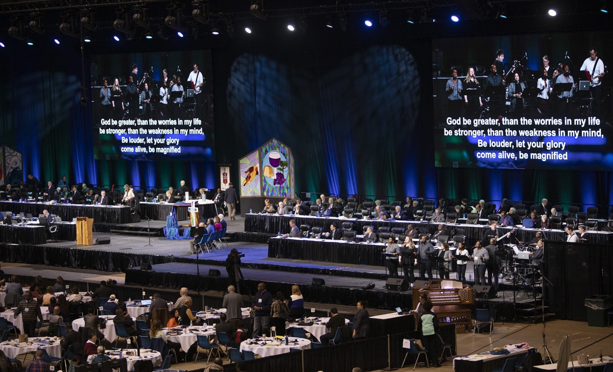 The morning worship during the final day of the 2019 General Conference in St. Louis. Photo by Kathleen Barry, UM News. The morning worship during the final day of the 2019 General Conference in St. Louis. Photo by Kathleen Barry, UM News.