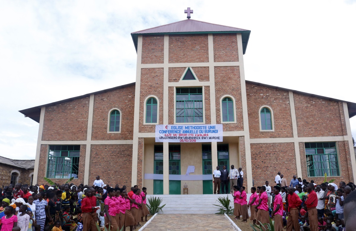 Members gather at the newly built Saint Paul United Methodist Church in Murehe, Burundi. The church, which has 7,300 members, can now hold 3,000 people for Sunday worship. The previous church held only 300 people, and the congregation often held services and revivals beneath a tree on the church grounds. Photo by Pepi Mbabaye, UM News. Members gather at the newly built Saint Paul United Methodist Church in Murehe, Burundi. The church, which has 7,300 members, can now hold 3,000 people for Sunday worship. The previous church held only 300 people, and the congregation often held services and revivals beneath a tree on the church grounds. Photo by Pepi Mbabaye, UM News.