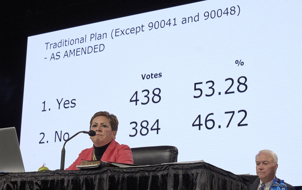 Bishop Cynthia Fierro Harvey observes the results from a February 26, 2019, vote to strengthen The United Methodist Church's policies against homosexuality. The vote came on the last day of the Special Session of the General Conference of The United Methodist Church in St. Louis, Mo. Delegates approved the Traditional Plan, which strengthens penalties for LGBTQIA clergy and prohibits same sex weddings. Photo by Paul Jeffrey, UMNS. Bishop Cynthia Fierro Harvey observes the results from a February 26, 2019, vote to strengthen The United Methodist Church's policies against homosexuality. The vote came on the last day of the Special Session of the General Conference of The United Methodist Church in St. Louis, Mo. Delegates approved the Traditional Plan, which strengthens penalties for LGBTQIA clergy and prohibits same sex weddings. Photo by Paul Jeffrey, UMNS.