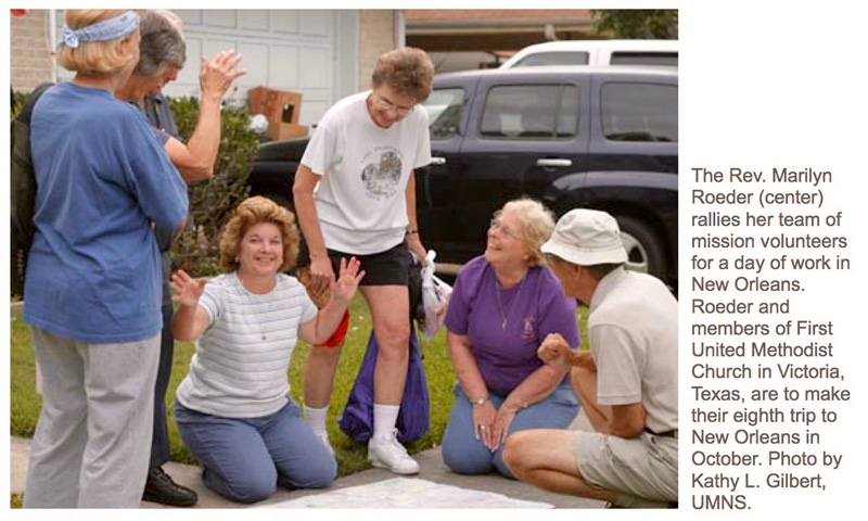 The Rev. Marilyn Roeder (center) rallies her team of mission volunteers for a day of work in New Orleans. Roeder and members of First United Methodist Church in Victoria, Texas, are to make their eighth trip to New Orleans in October. Photo by Kathy L. Gilbert, UMNS.