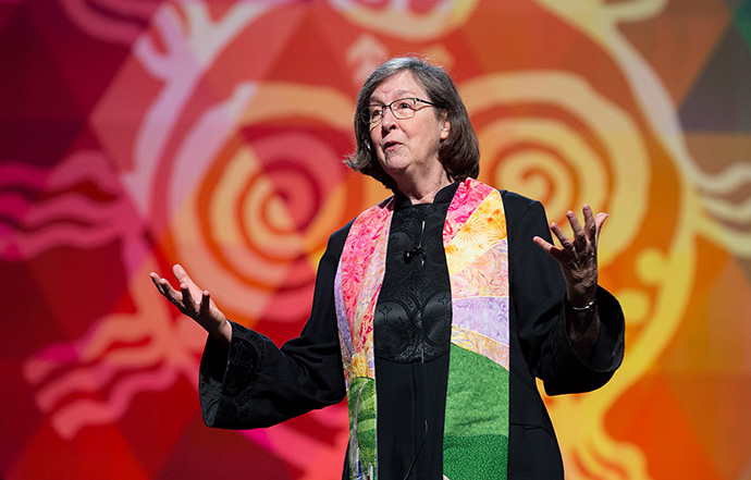 Bishop Elaine Stanovsky gives the sermon during morning worship at the 2016 United Methodist General Conference in Portland, Ore. File photo by Mike DuBose, UM News.