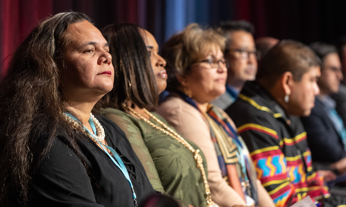 Monalisa Tuitahi, executive director of the Pacific Islander Ministry Plan, and other representatives of The United Methodist Church’s ethnic initiatives watch a video on the work of the initiatives during the 2020 Pre-General Conference Briefing in Nashville, Tenn. Photo by Mike DuBose, UM News.