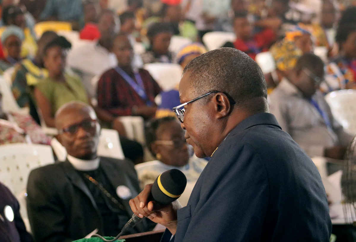 Bishop Samuel J. Quire Jr. leads discussion at a meeting of the Liberia Annual Conference in Ganta. The conference approved a resolution calling for changes to the Protocol of Reconciliation & Grace through Separation, one of the plans headed to the 2020 United Methodist General Conference. Photo by E Julu Swen, UM News. Bishop Samuel J. Quire Jr. leads discussion at a meeting of the Liberia Annual Conference in Ganta. The conference approved a resolution calling for changes to the Protocol of Reconciliation & Grace through Separation, one of the plans headed to the 2020 United Methodist General Conference. Photo by E Julu Swen, UM News.
