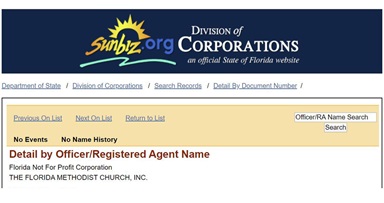 Encabezado del documento eléctrico de registro de la Iglesia Metodista de Florida Inc. registrada el pasado 7 de febrero de 2020. Tres miembros del gabinete de la Conferencia Anual de Florida firmaron los documentos, aunque posteriormente dos de ellos/as decidieron retirar sus nombres. Captura de pantalla del documento registrado en la División de Corporaciones del estado de Florida. 