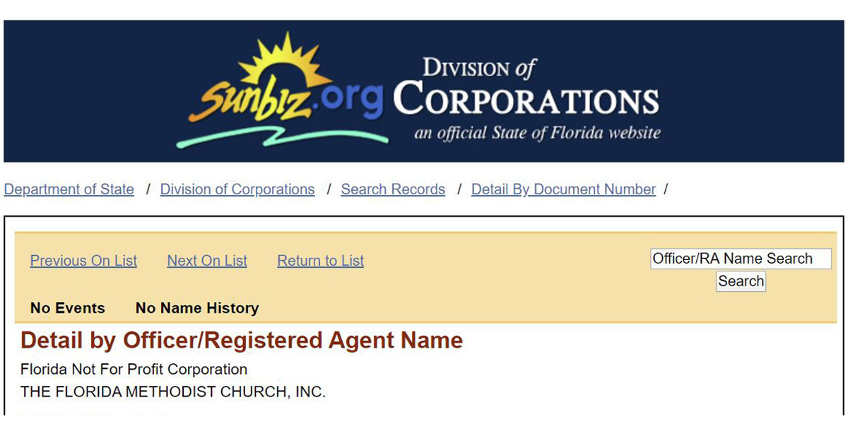 Encabezado del documento eléctrico de registro de la Iglesia Metodista de Florida Inc. registrada el pasado 7 de febrero de 2020. Tres miembros del gabinete de la Conferencia Anual de Florida firmaron los documentos, aunque posteriormente dos de ellos/as decidieron retirar sus nombres. Captura de pantalla del documento registrado en la División de Corporaciones del estado de Florida.  Encabezado del documento eléctrico de registro de la Iglesia Metodista de Florida Inc. registrada el pasado 7 de febrero de 2020. Tres miembros del gabinete de la Conferencia Anual de Florida firmaron los documentos, aunque posteriormente dos de ellos/as decidieron retirar sus nombres. Captura de pantalla del documento registrado en la División de Corporaciones del estado de Florida.