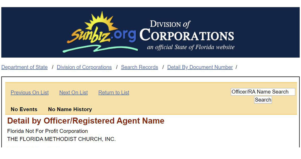 Encabezado del documento eléctrico de registro de la Iglesia Metodista de Florida Inc. registrada el pasado 7 de febrero de 2020. Tres miembros del gabinete de la Conferencia Anual de Florida firmaron los documentos, aunque posteriormente dos de ellos/as decidieron retirar sus nombres. Captura de pantalla del documento registrado en la División de Corporaciones del estado de Florida. 