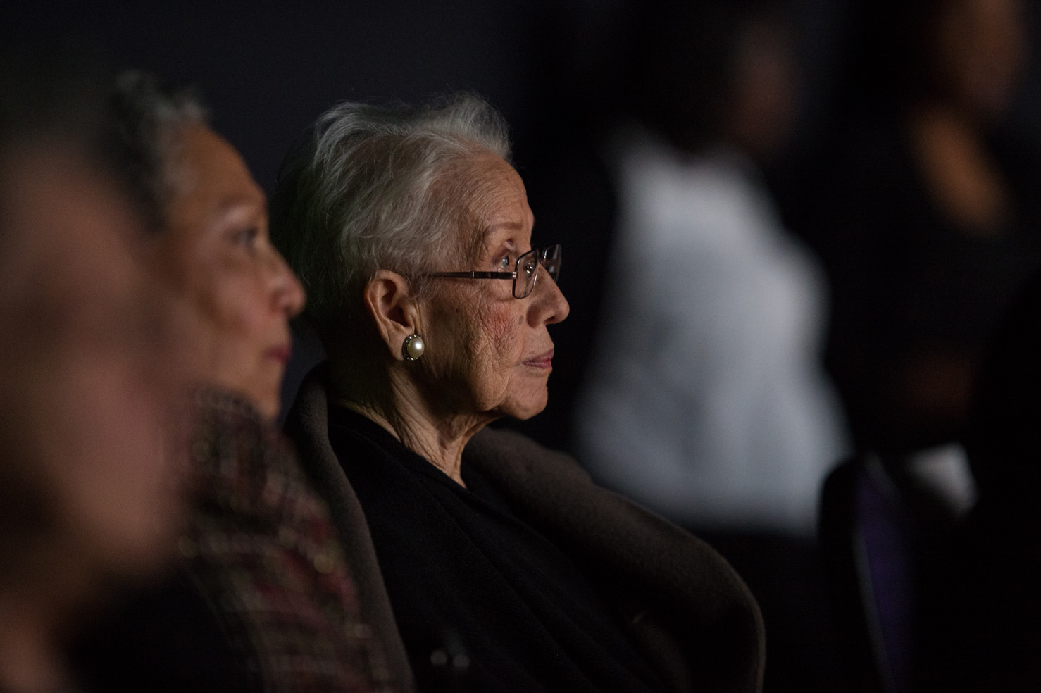 NASA "human computer" Katherine Johnson watches the premiere of the movie "Hidden Figures" at the Virginia Air and Space Center in Hampton, Va., in December, 2016. Johnson, who calculated flight trajectories for John Glenn's first orbital flight in 1962, attended St. James Methodist Church in White Sulphur Springs, W.Va., as a child. Photo by Aubrey Gemignani, NASA.