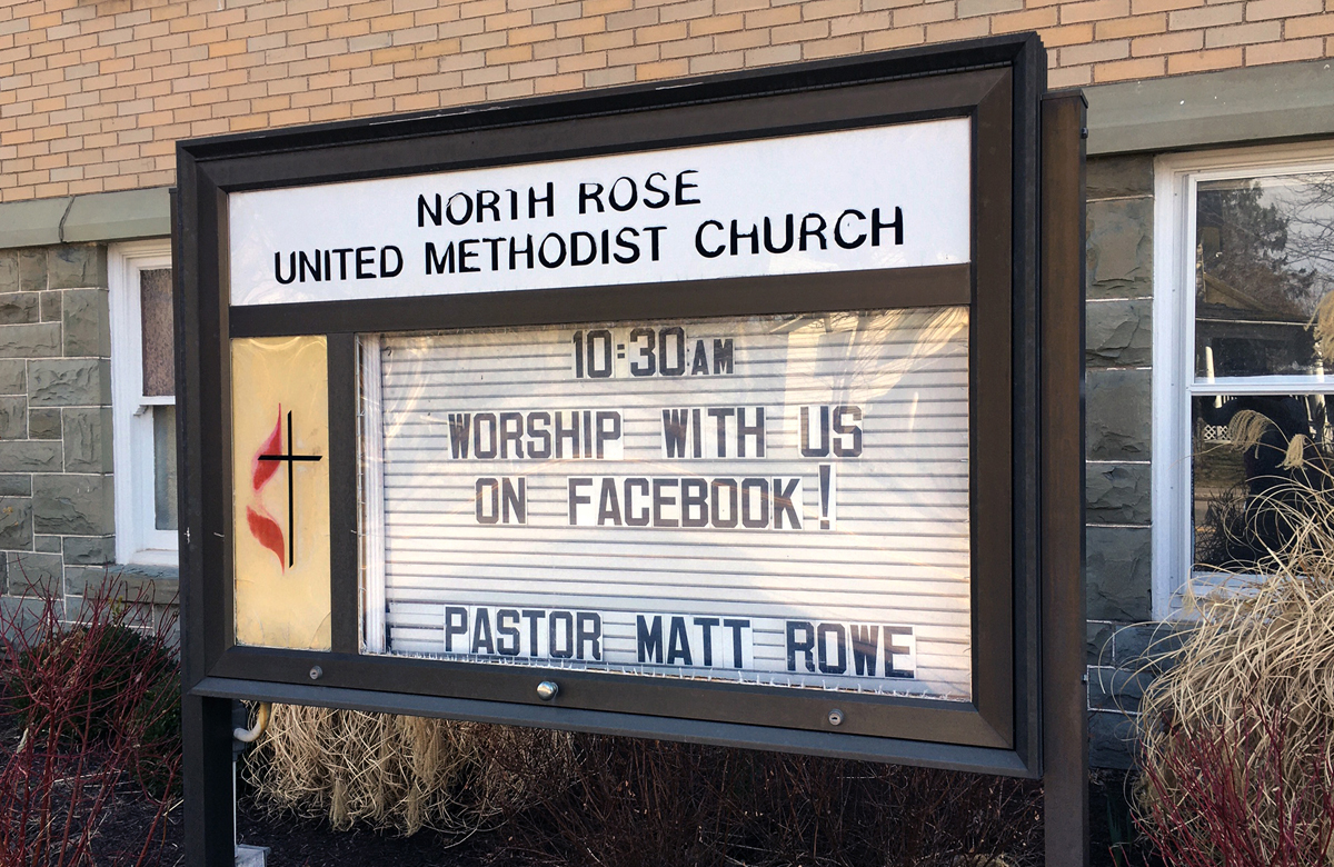 North Rose United Methodist Church, in North Rose, N.Y., is using social media for worship and for small group meetings during the coronavirus threat. Photo courtesy of North Rose United Methodist Church. North Rose United Methodist Church, in North Rose, N.Y., is using social media for worship and for small group meetings during the coronavirus threat. Photo courtesy of North Rose United Methodist Church.
