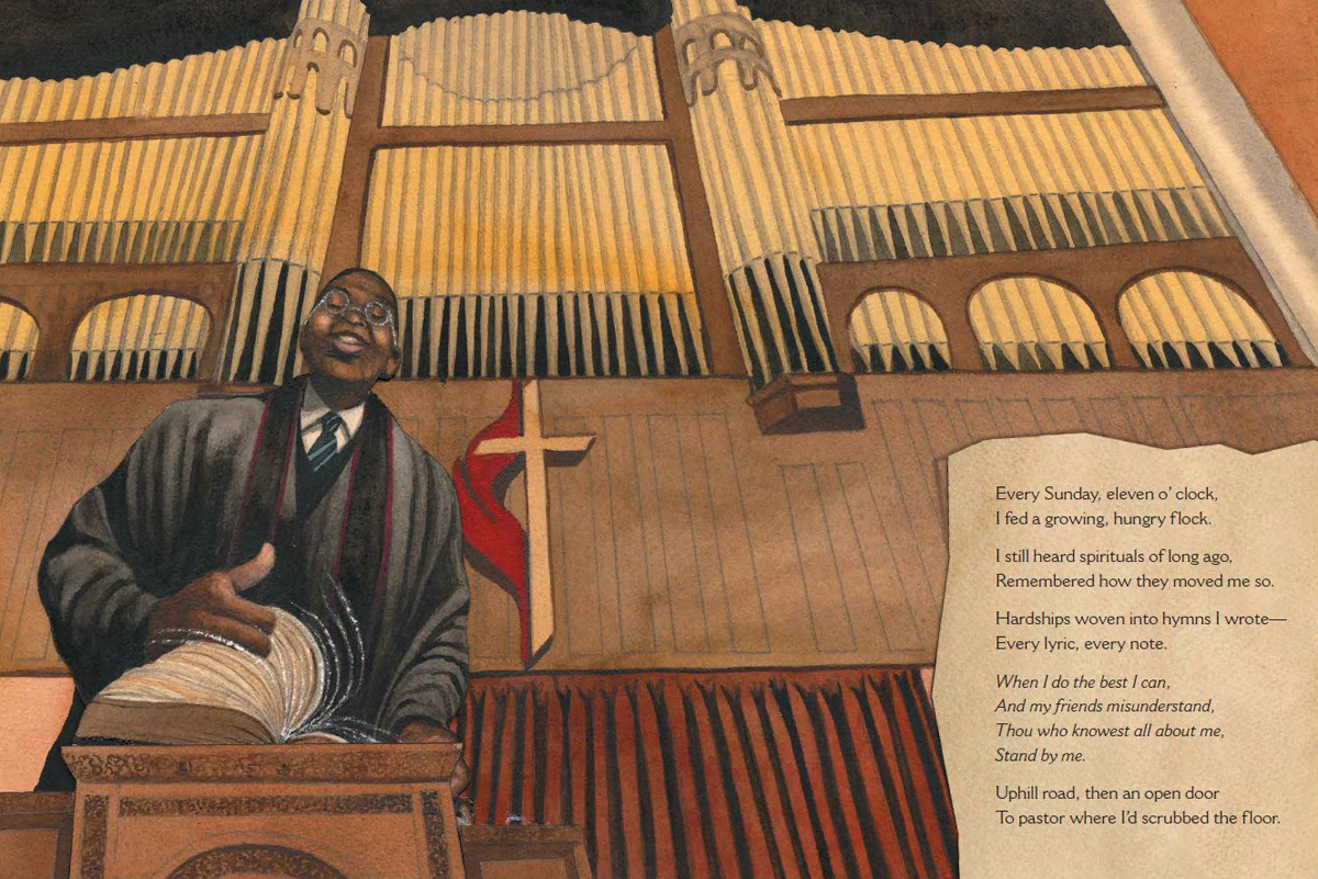 Art from the book “By and By: Charles Albert Tindley, The Father of Gospel Music,” written by Carole Boston Weatherford and illustrated by Bryan Collier. The story page includes the text, “I still heard spirituals of long ago, Remembered how they moved me so. Hardships woven into hymns I wrote — Every lyric, every note.” Image courtesy of Simon & Shuster.
