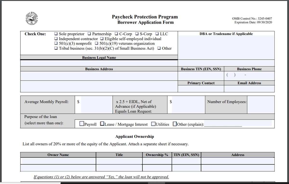 급여 보호 프로그램 신청서(Paycheck Protection Program Loans). 사진 캡처, 미 재무부 홈페이지. 급여 보호 프로그램 신청서(Paycheck Protection Program Loans). 사진 캡처, 미 재무부 홈페이지.
