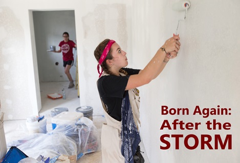 Haylie Wollitz (right) from First United Methodist Church in Santa Monica, Calif., helps repair flood damage from Hurricane Katrina at the home of Betty Johnson in New Orleans. Photo by Mike DuBose, UM News.