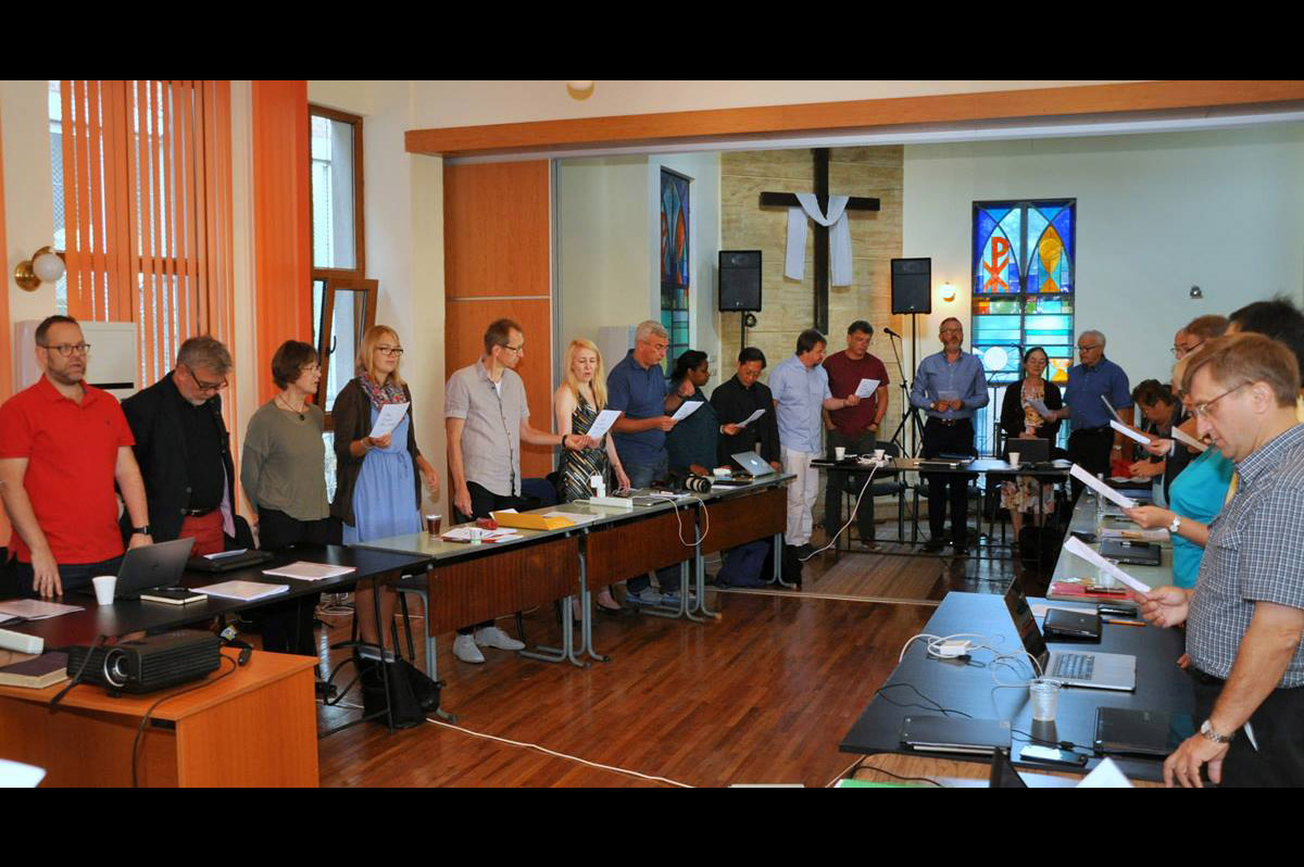 Participants in the European Methodist Council’s September meeting in Ruse, Bulgaria, during devotions. Much of the meeting was devoted to a discussion of the current refugee crisis in Europe. Photo by Üllas Tankler, UMNS.